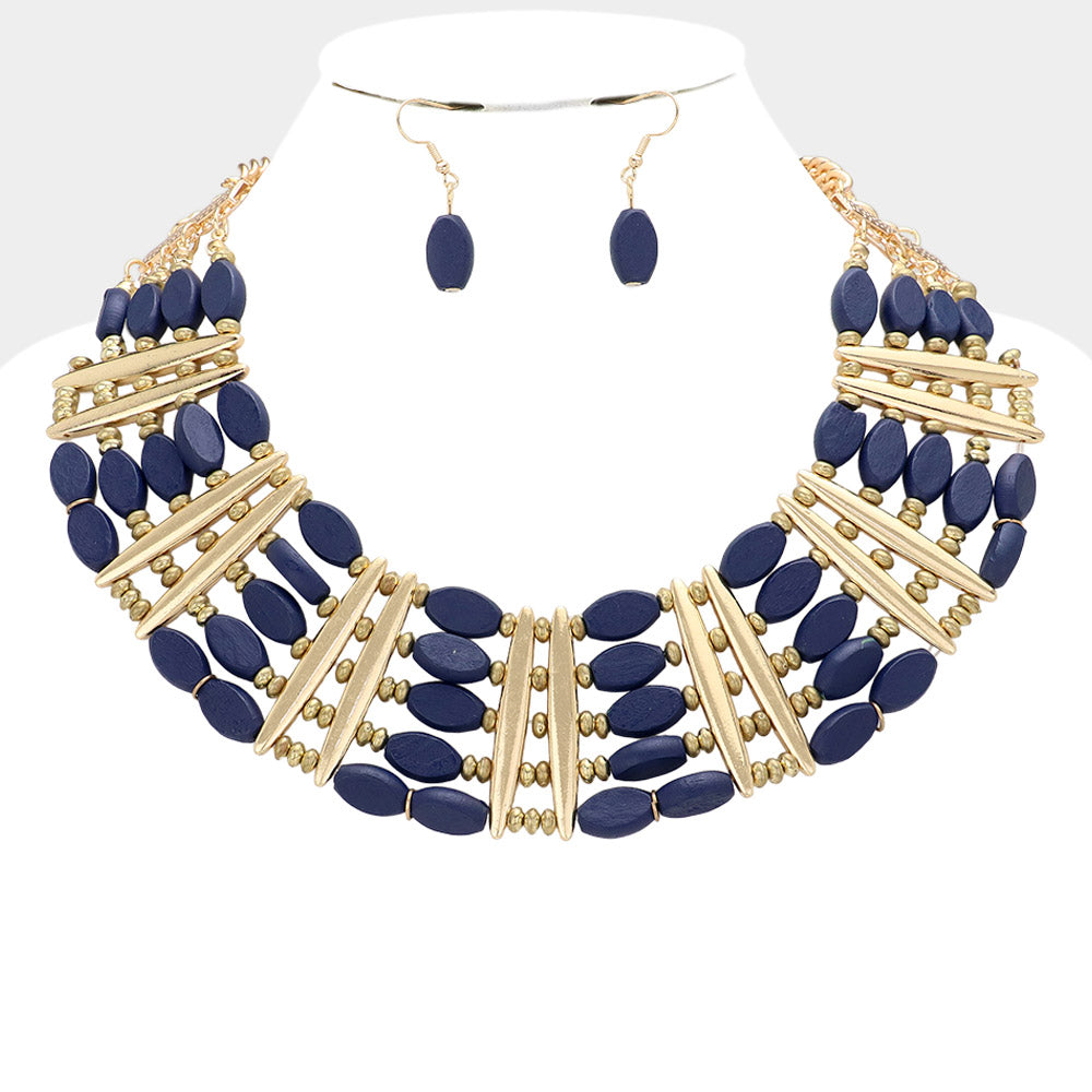 Oval Wood Beaded Statement Necklace