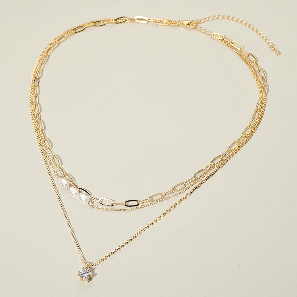 Stone Cluster Pendant Accent Pearl Beaded Paperclip Chain Layered Necklace