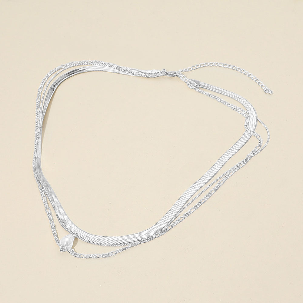 White Gold Dipped Pearl Accent Herringbone Chain Layered Necklace
