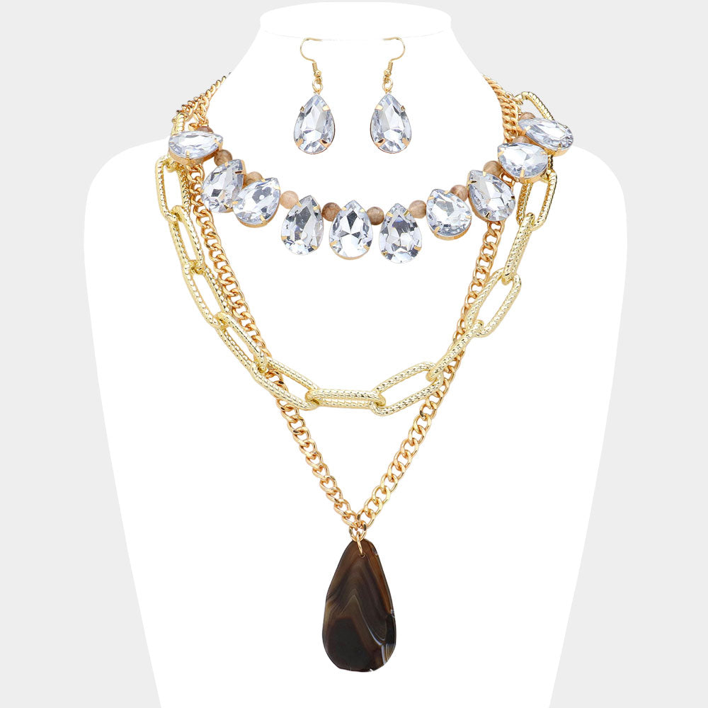 2PCS - Natural Stone Pendant Pointed Teardrop Stone Link Multi Chain Layered Statement Necklace