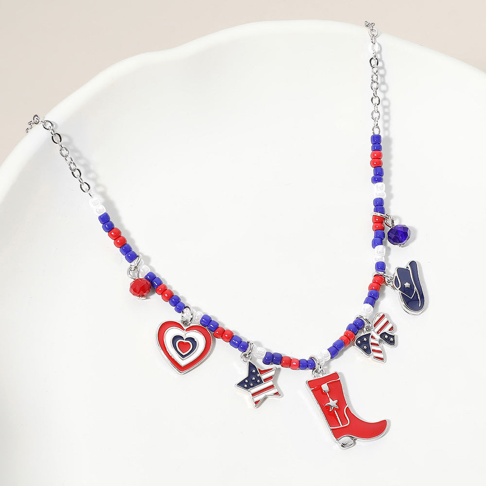 Enamel American USA Flag Western Boot Hat Bow Star Heart Charm Beaded Necklace