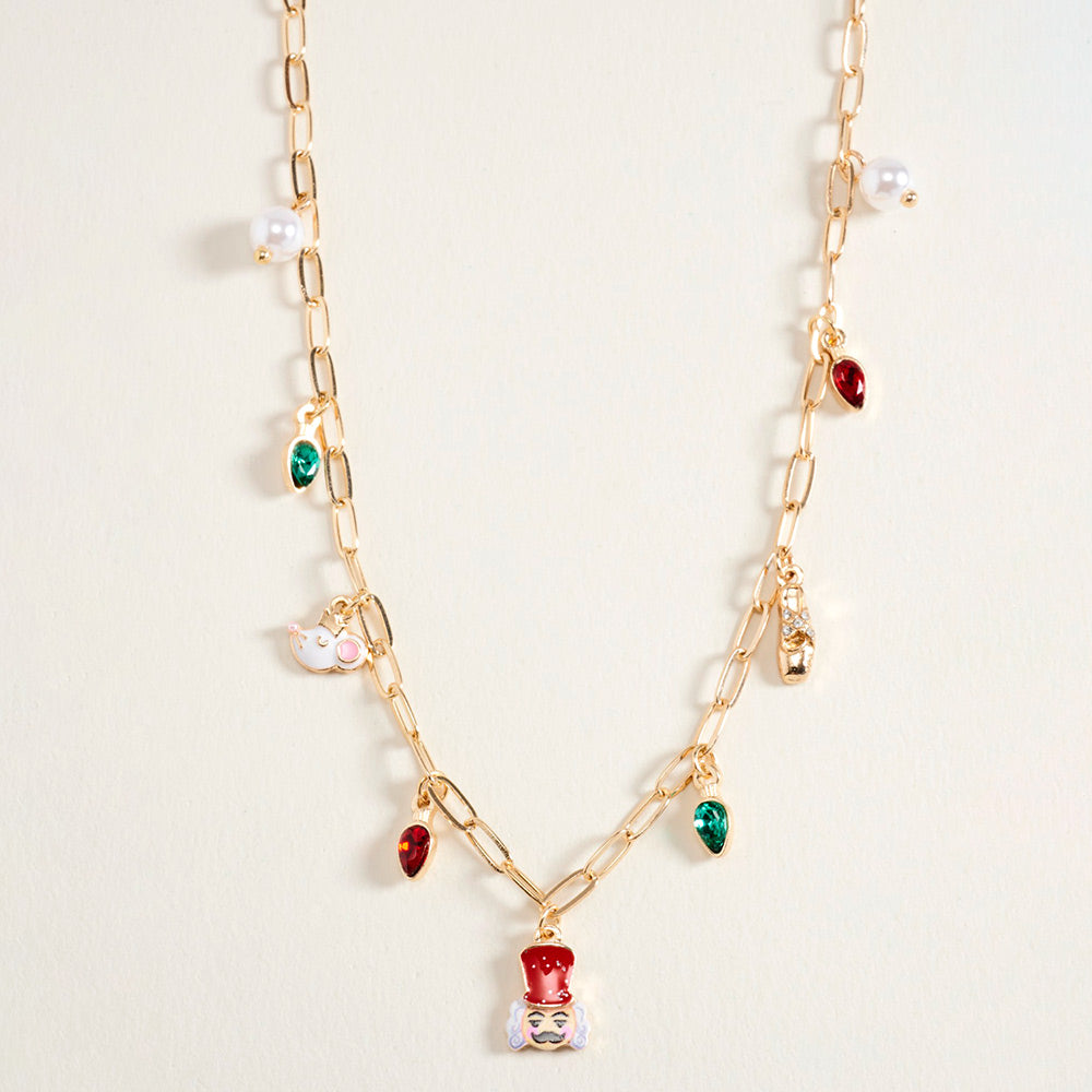 Christmas Pearl Charm Station Paperclip Chain Necklace
