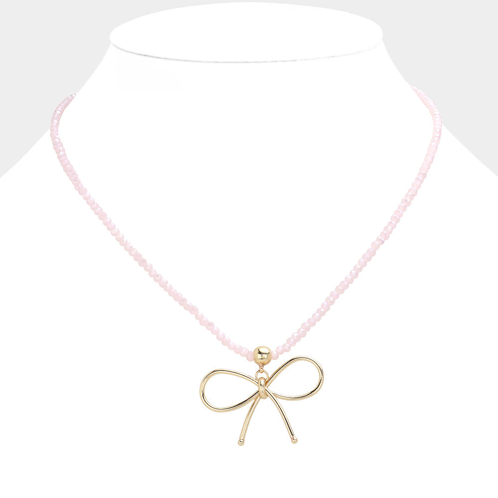 Faceted Beaded Brass Metal Wire Bow Pendant Necklace