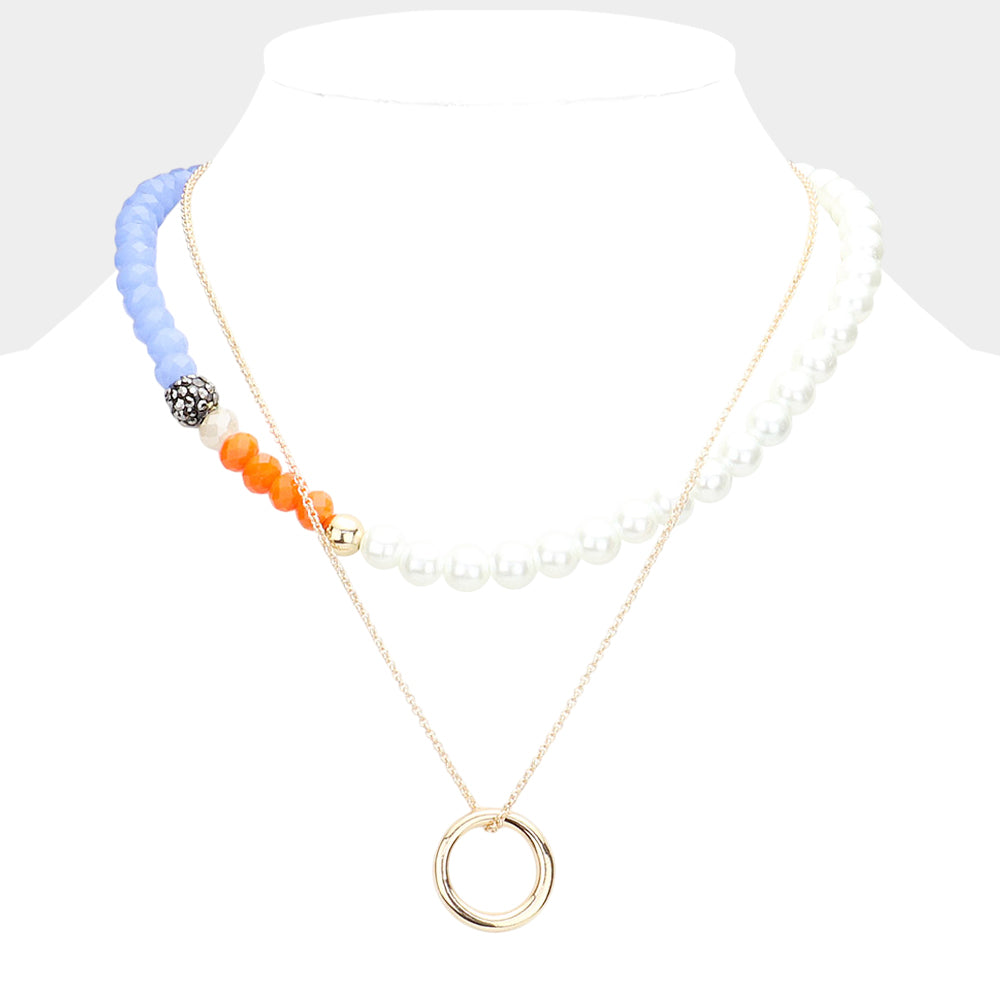 Open Metal Circle Pendant Pearl Shamballa Ball Faceted Beaded Necklace