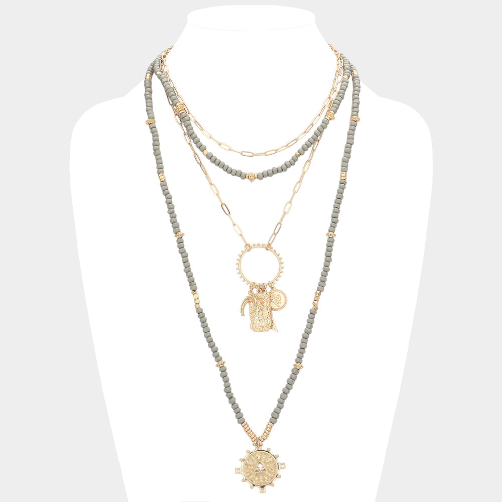 Double Horn Evil Eye Centered Pendant Wood Beaded Multi Layered Necklace