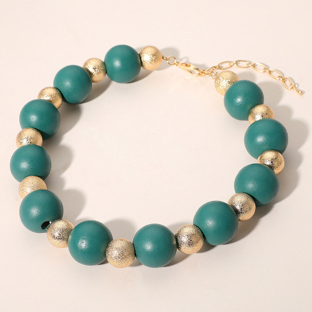 Bold Wooden Textured Metal Ball Beaded Statement Necklace