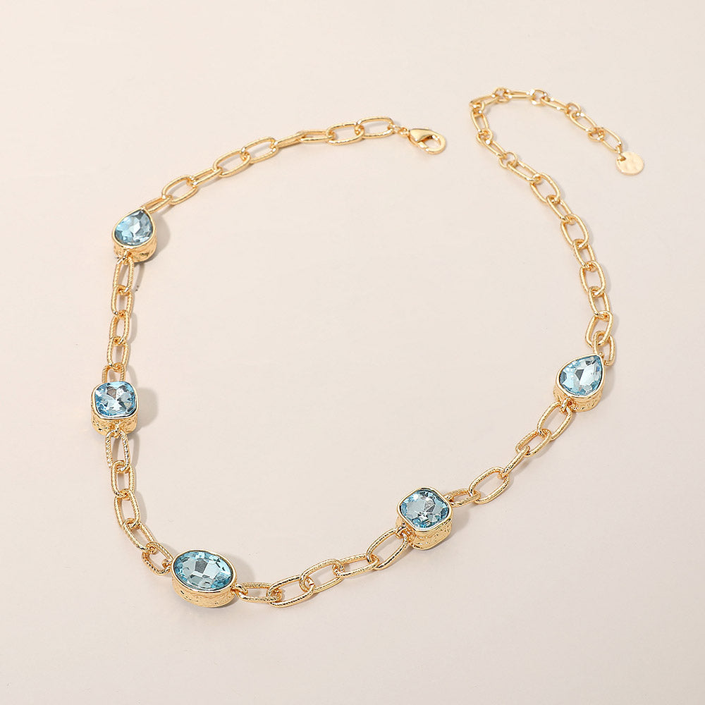 Oval Teardrop Square Stone Bezel Link Necklace