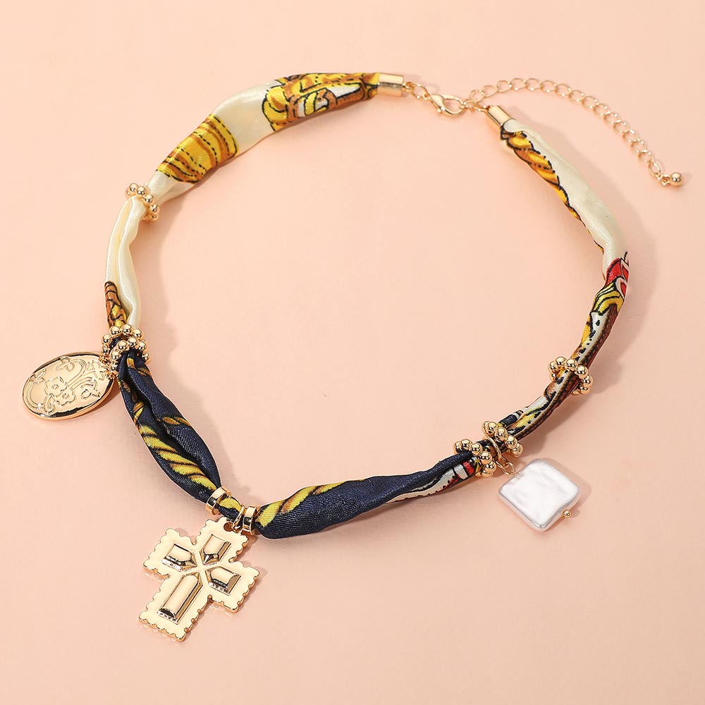 Boho Metal Cross Square Pearl Floral Oval Charm Fabric Necklace