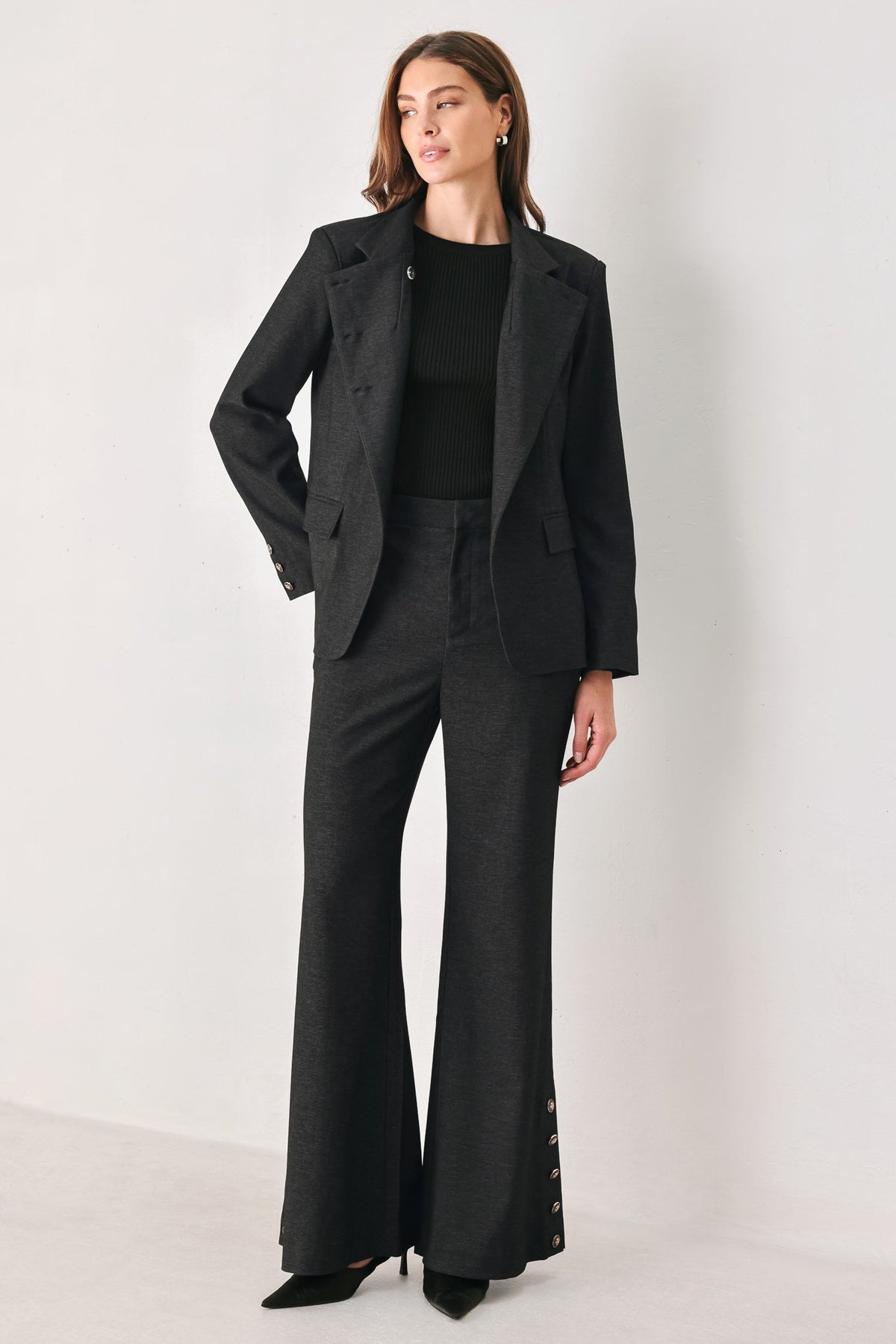 COMMAND NOIR BLACK BUTTON-HEM FLARE PANTS