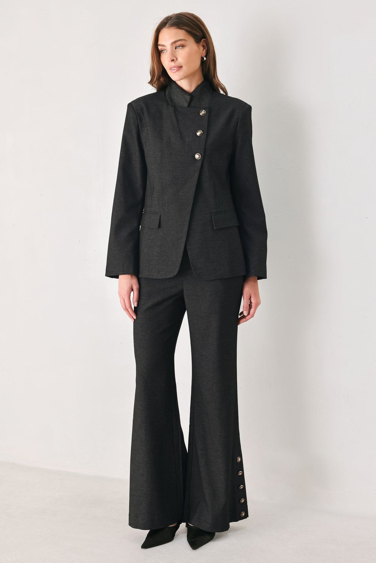 COMMAND NOIR BLACK BUTTON-HEM FLARE PANTS