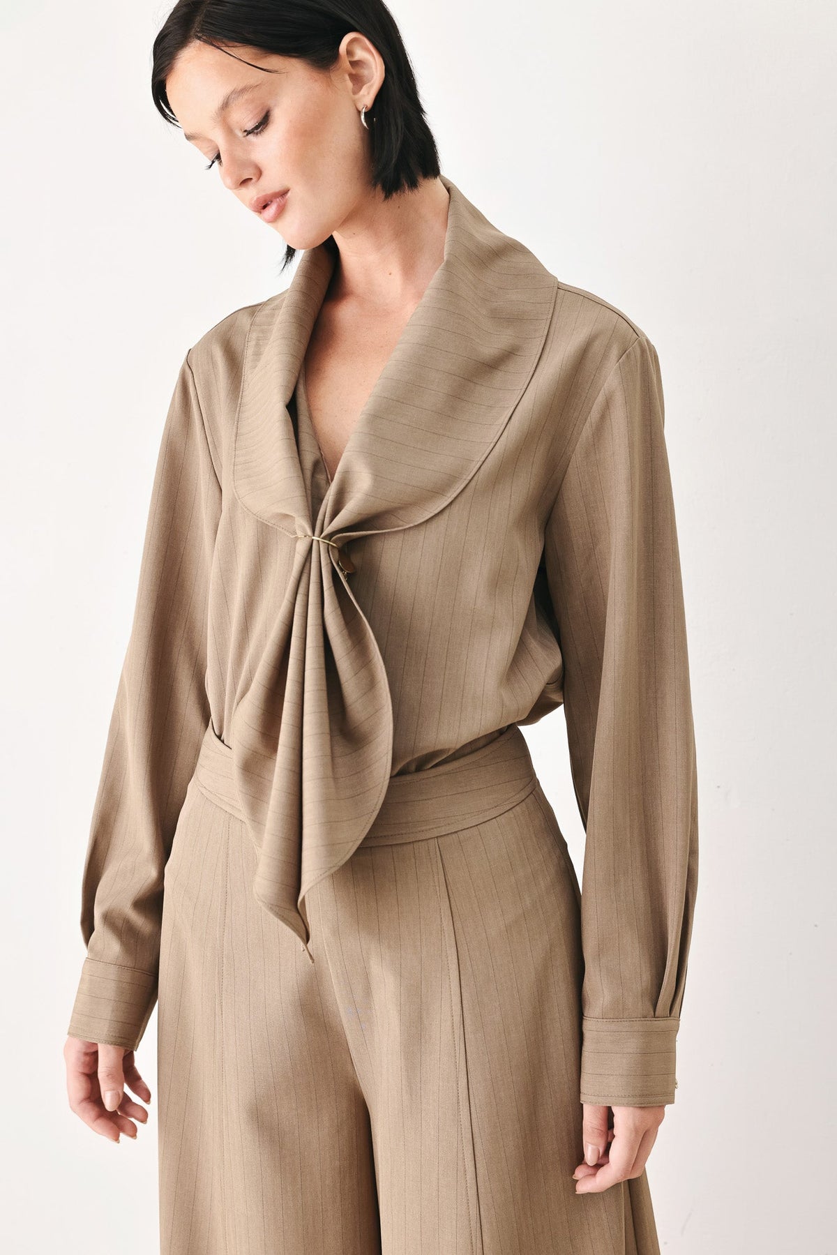 MOCHA MOMENT PINSTRIPE WIDE LEG PANTS