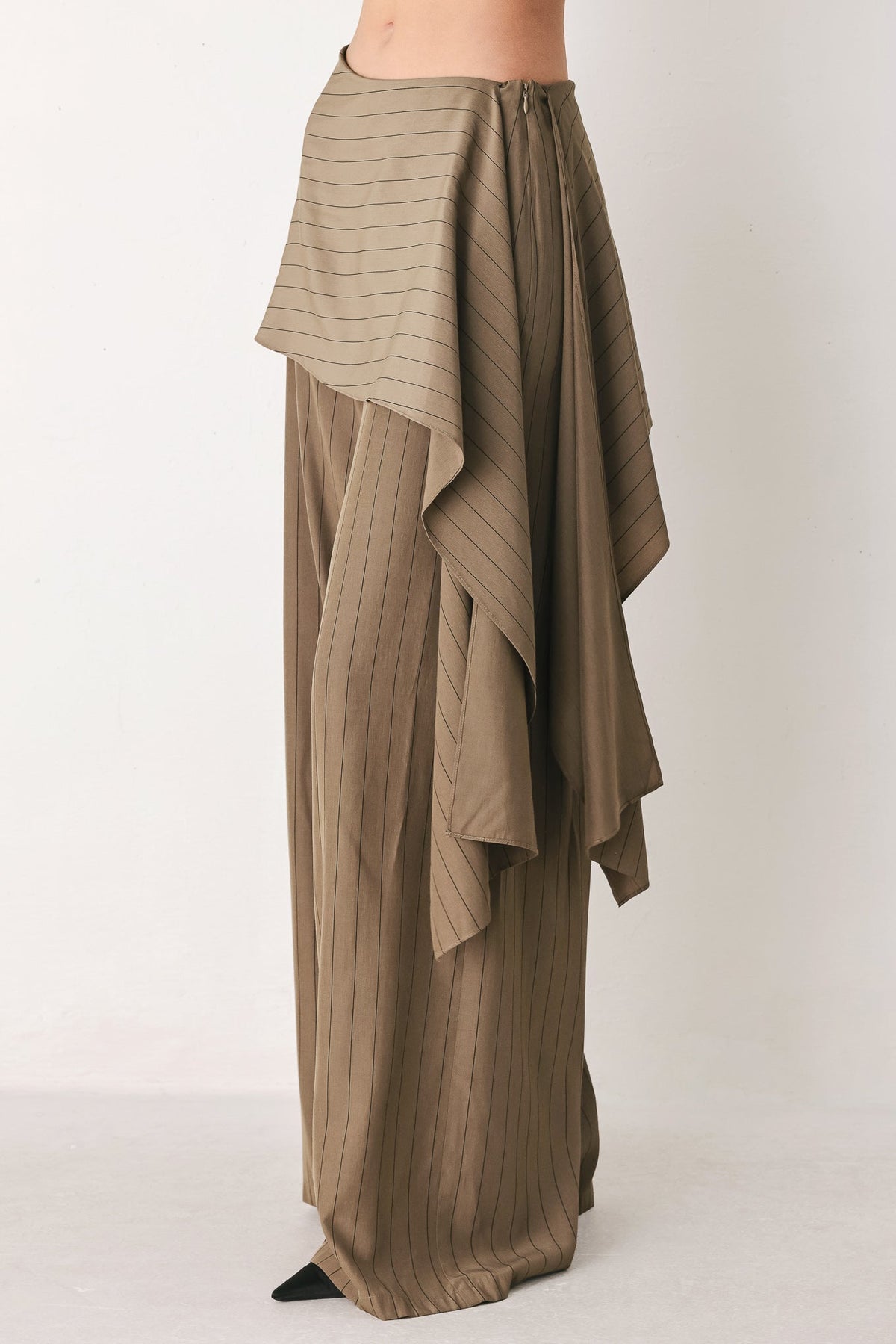 STRIPED DRAMA BROWN & BLACK SCARF-OVERLAY PANTS