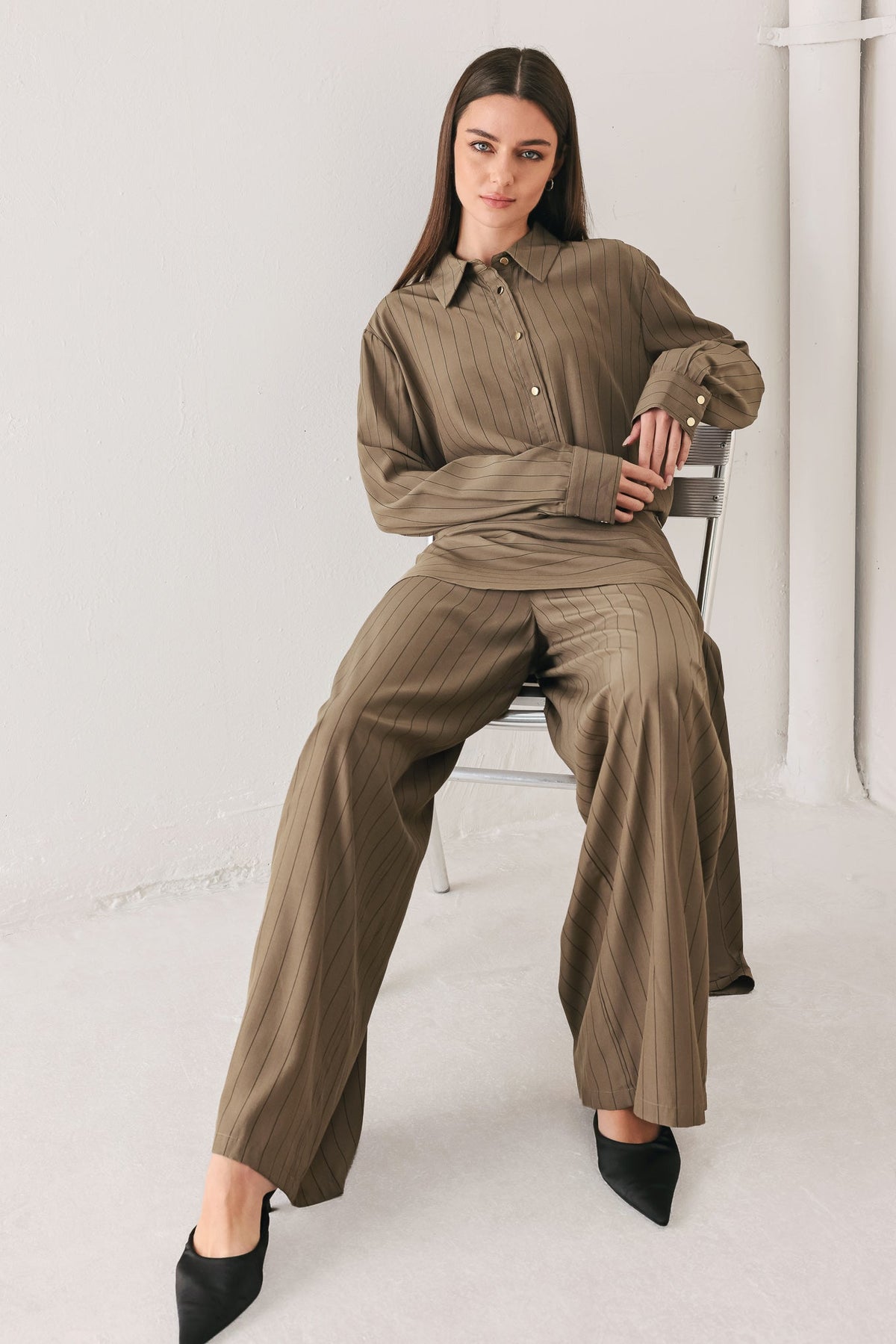 STRIPED DRAMA BROWN & BLACK SCARF-OVERLAY PANTS