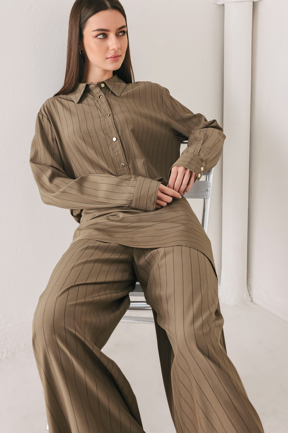 STRIPED DRAMA BROWN & BLACK SCARF-OVERLAY PANTS