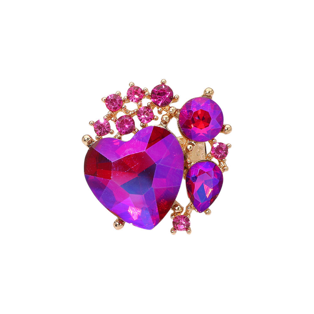 Heart Crystal Cluster Embellished Statement Stretch Ring