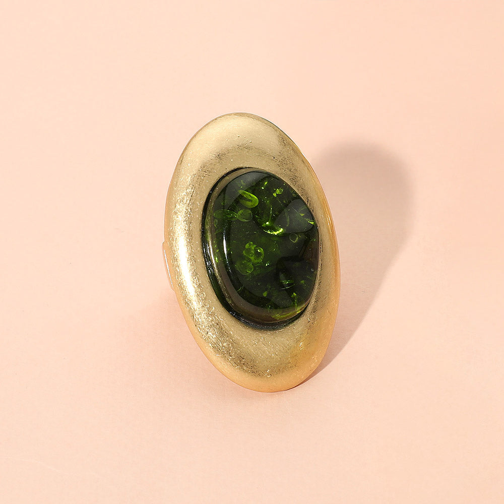 Oversized Abstract Resin Dome Accent Brushed Metal Oval Stretch Ring