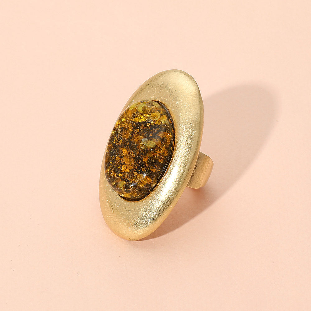 Oversized Abstract Resin Dome Accent Brushed Metal Oval Stretch Ring