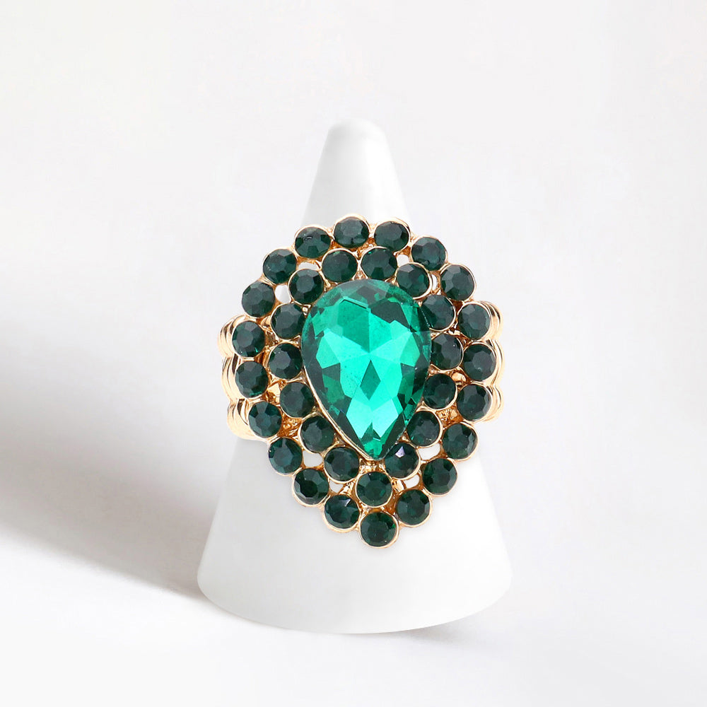 Crystal Teardrop Centered Bubble Cluster Stretch Ring