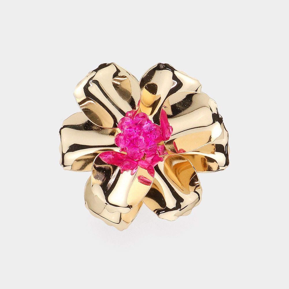 Beaded Ball Center Metal Petal Flower Adjustable Ring