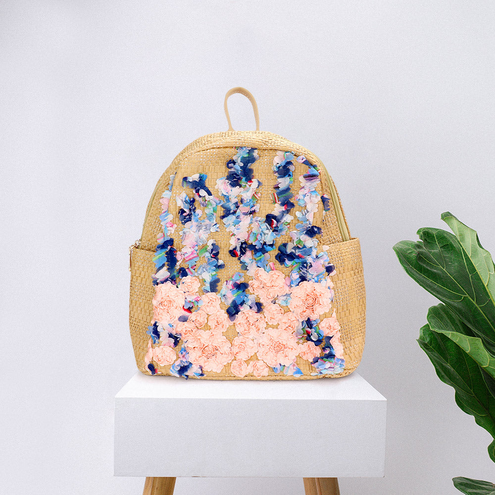 Fabric Flower Cluster Straw Backpack Bag