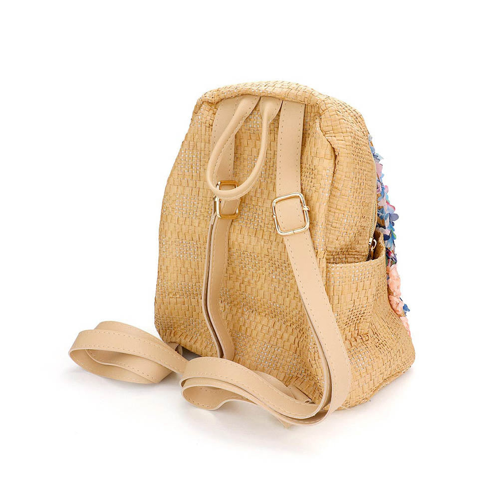 Fabric Flower Cluster Straw Backpack Bag