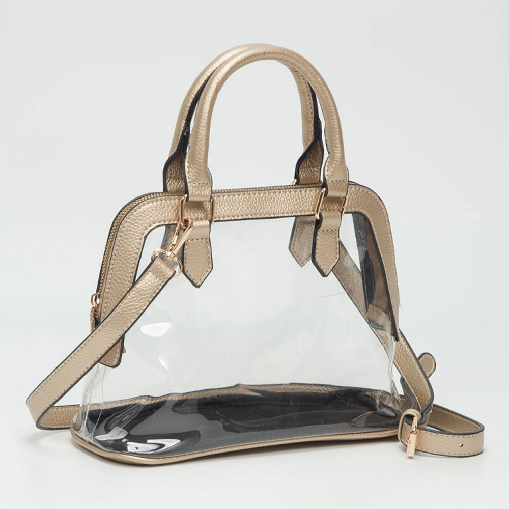 Faux Leather Trim Transparent Structured Top Handle Handbag / Crossbody Bag