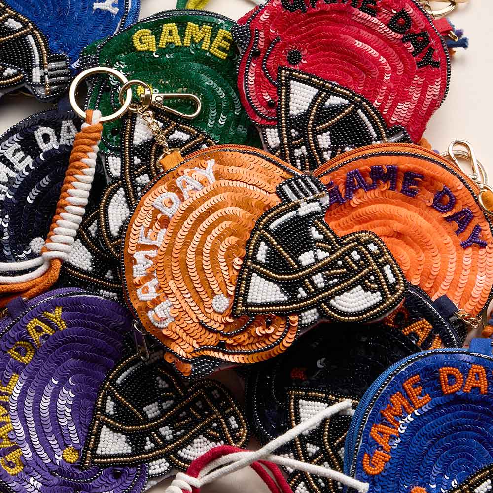 ALABAMA GAME DAY Football Helmet Sequin Seed Beaded Knot Keychain Mini Pouch Bag