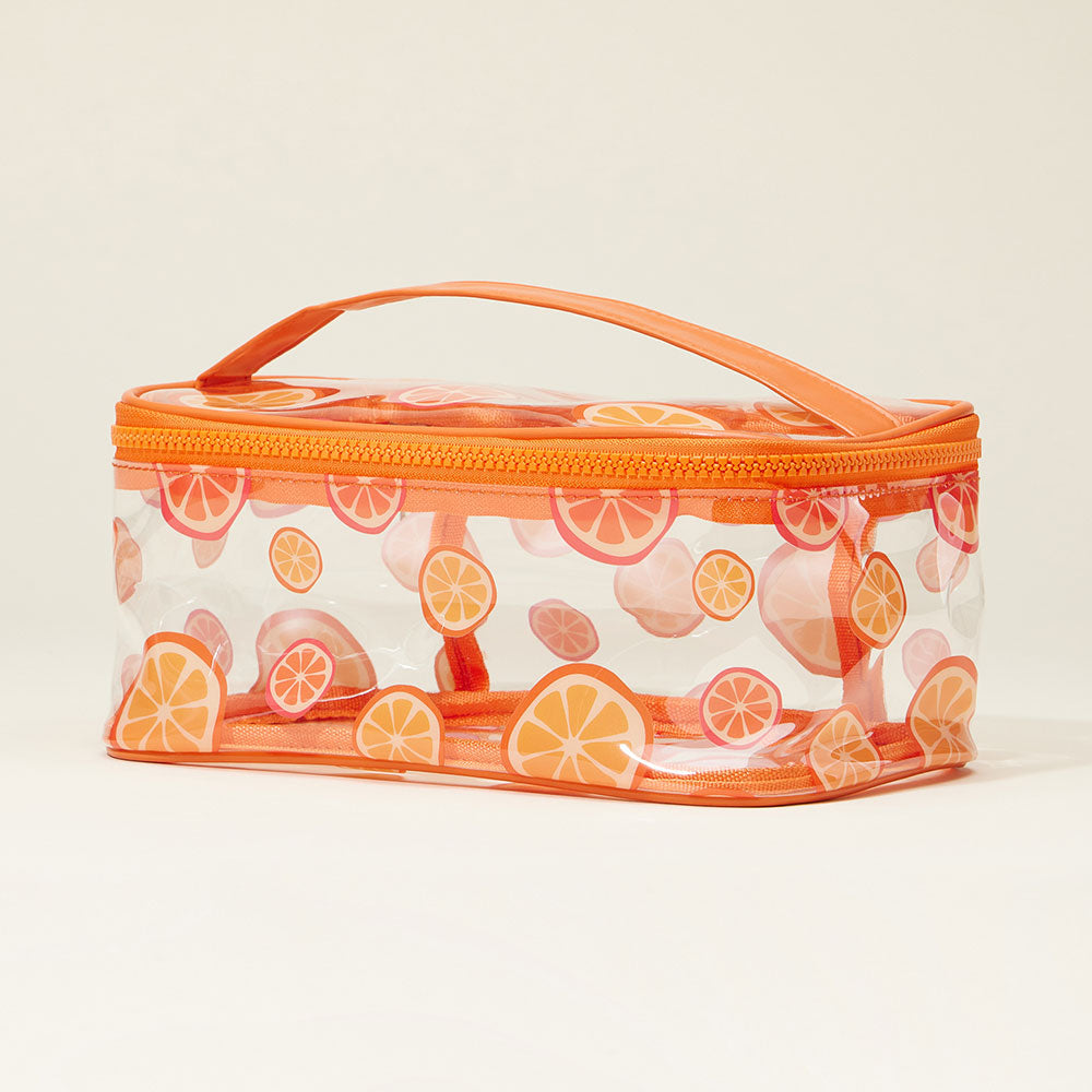 Top Handle Orange Pattern Transparent Cosmetic Pouch Bag