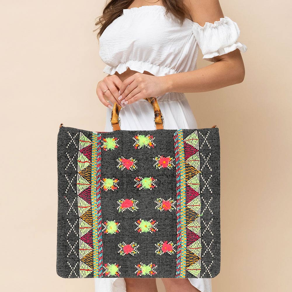 Handwoven Embroidery Boho Pattern Bamboo Handle Tote / Crossbody Bag