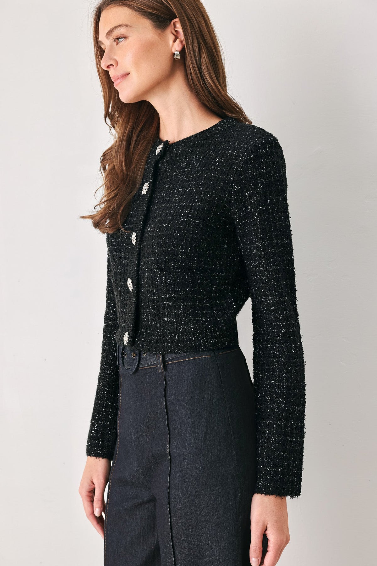 JEWELED MIDNIGHT BLACK BUTTON-DOWN SWEATER CARDIGAN