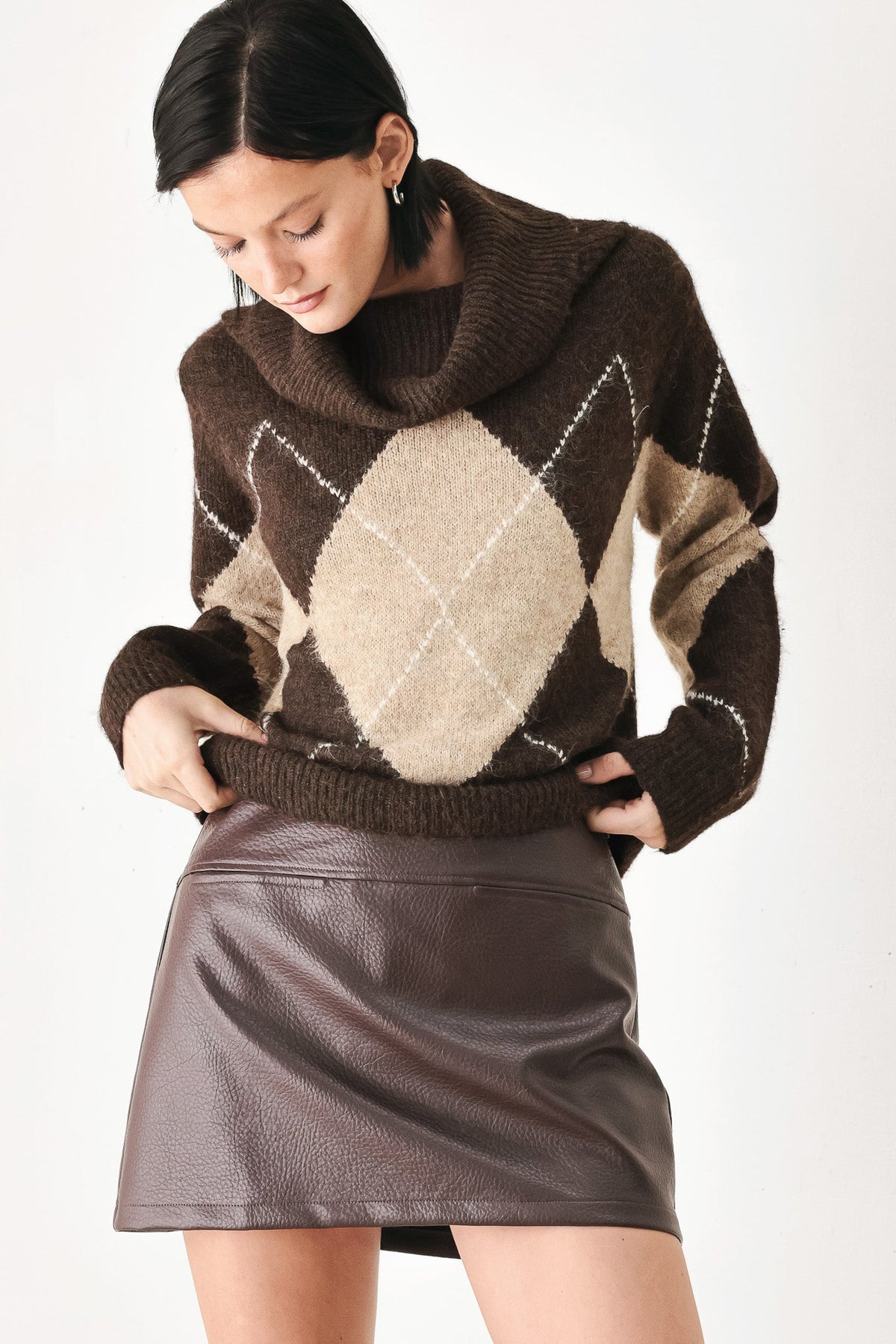 COZY MOMENTS BROWN ARGYLE COWL NECK SWEATER