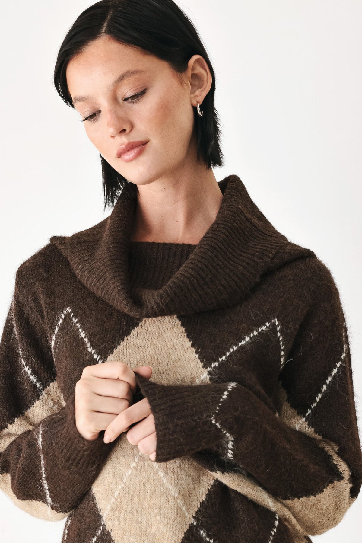 COZY MOMENTS BROWN ARGYLE COWL NECK SWEATER