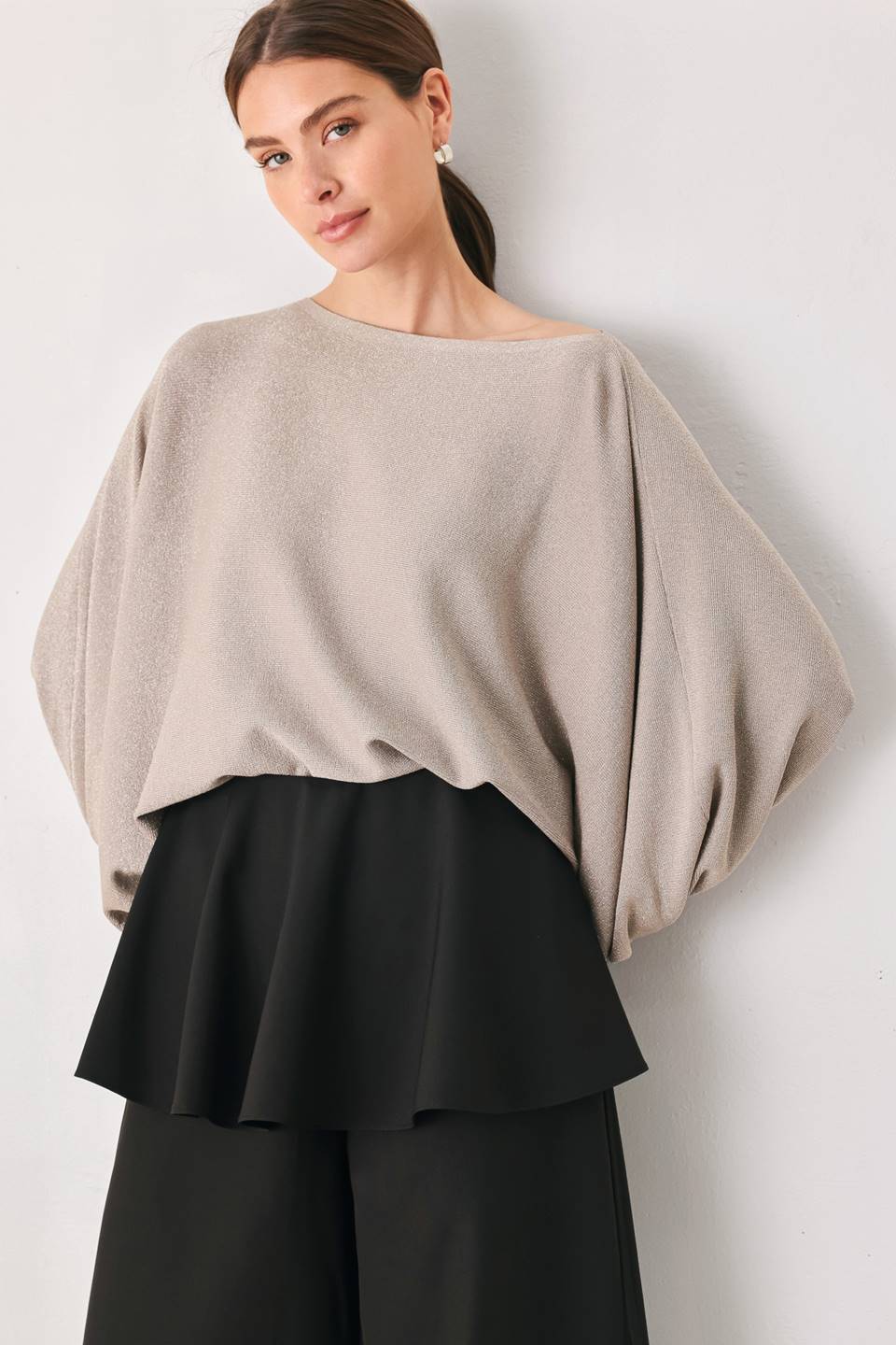 TAUPE SHIMMER METALLIC TAUPE BATWING SWEATER TOP