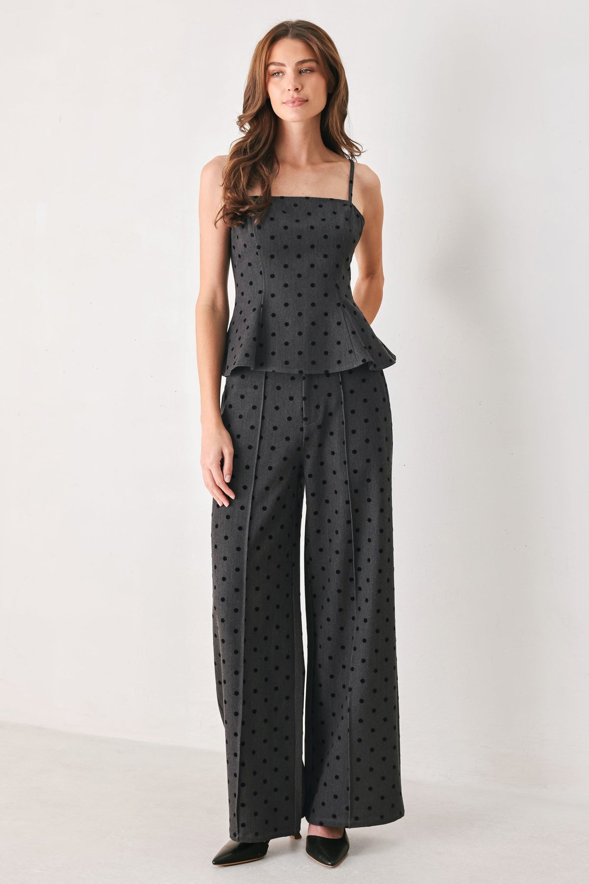CHARCOAL DOT CHARCOAL PEPLUM TOP