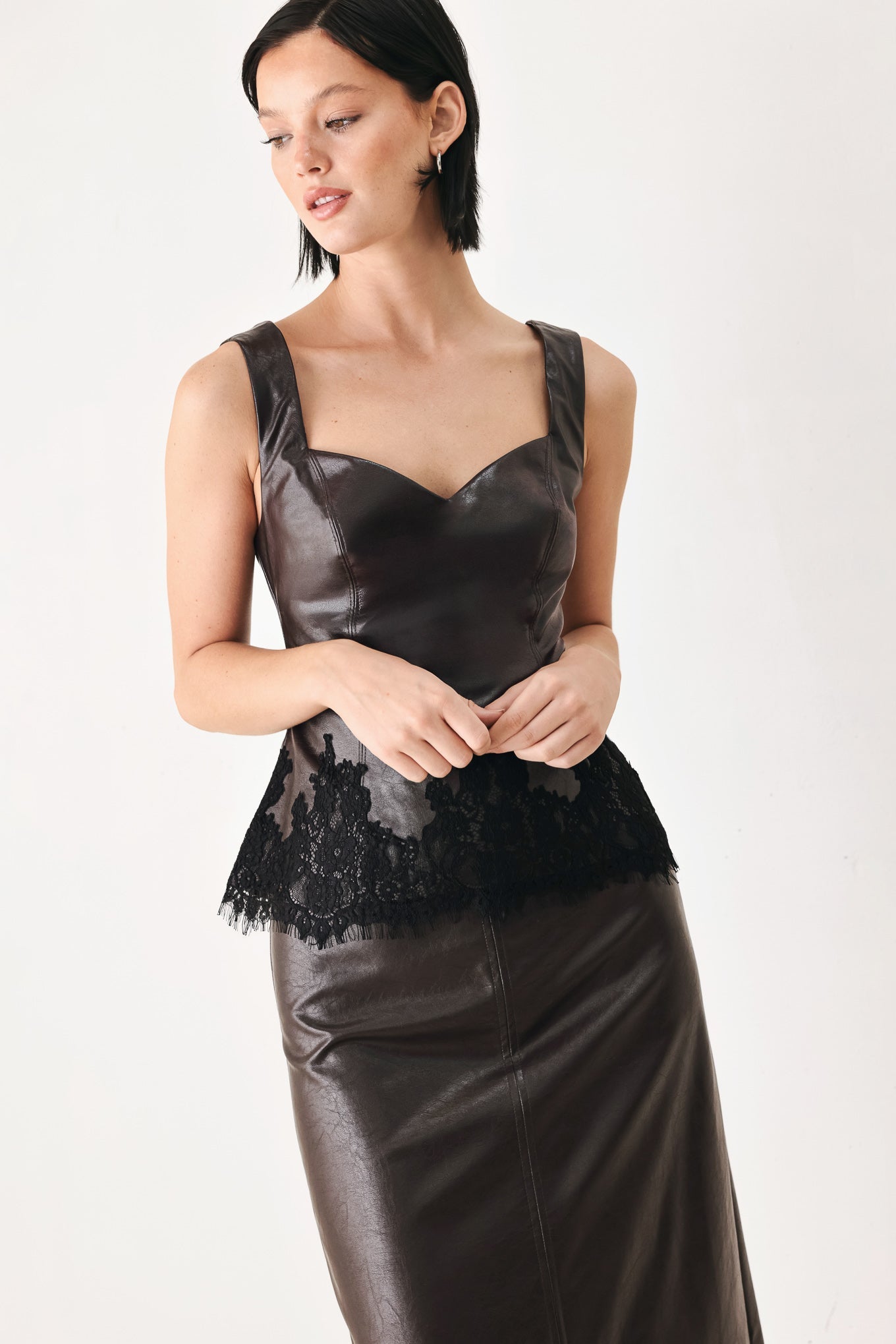 LACE AFTER DARK SWEETHEART FAUX LEATHER TOP