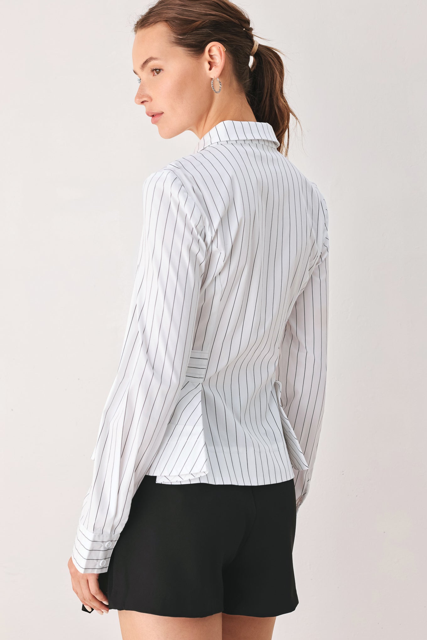 MODERNIST PINSTRIPE FLARED-WAIST WOVEN TOP