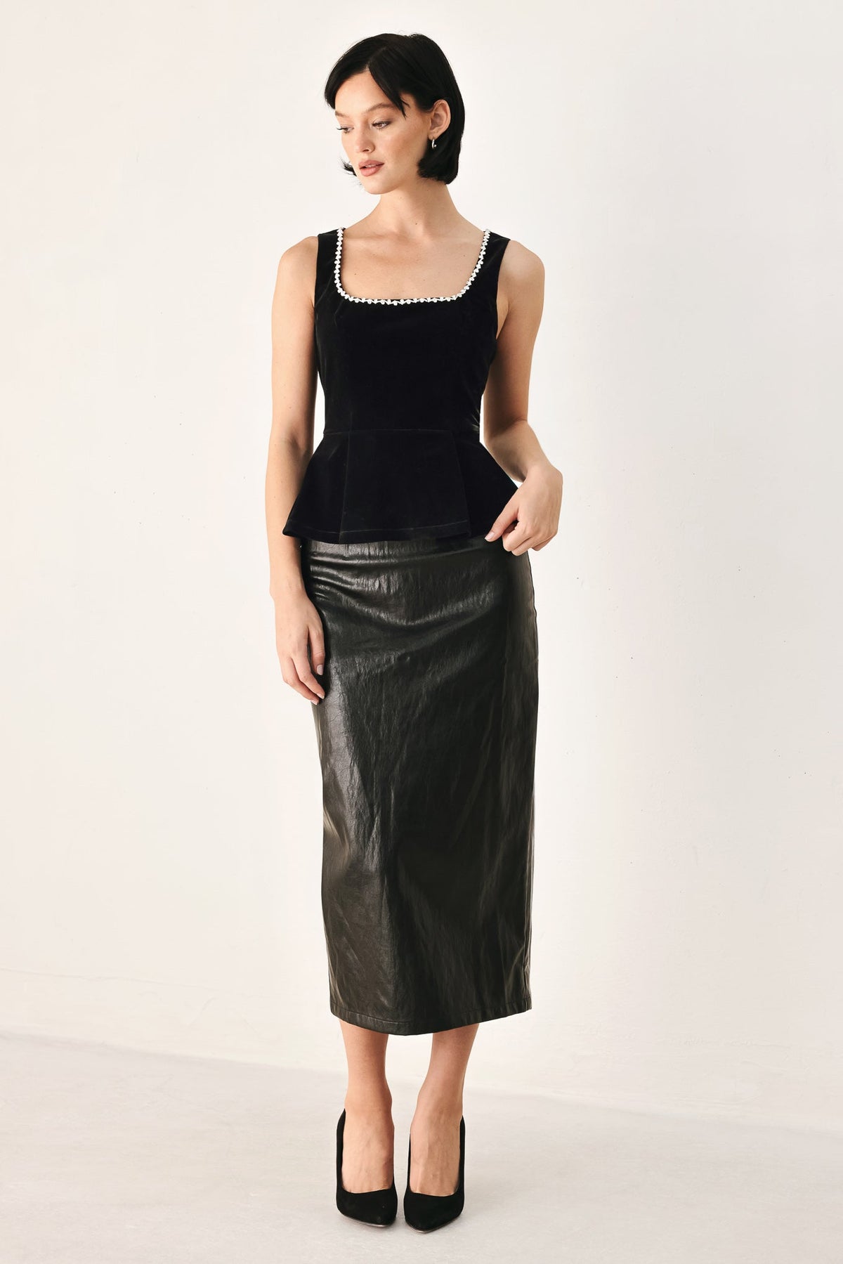 MIDNIGHT GLAM JEWELED VELVET PEPLUM TOP