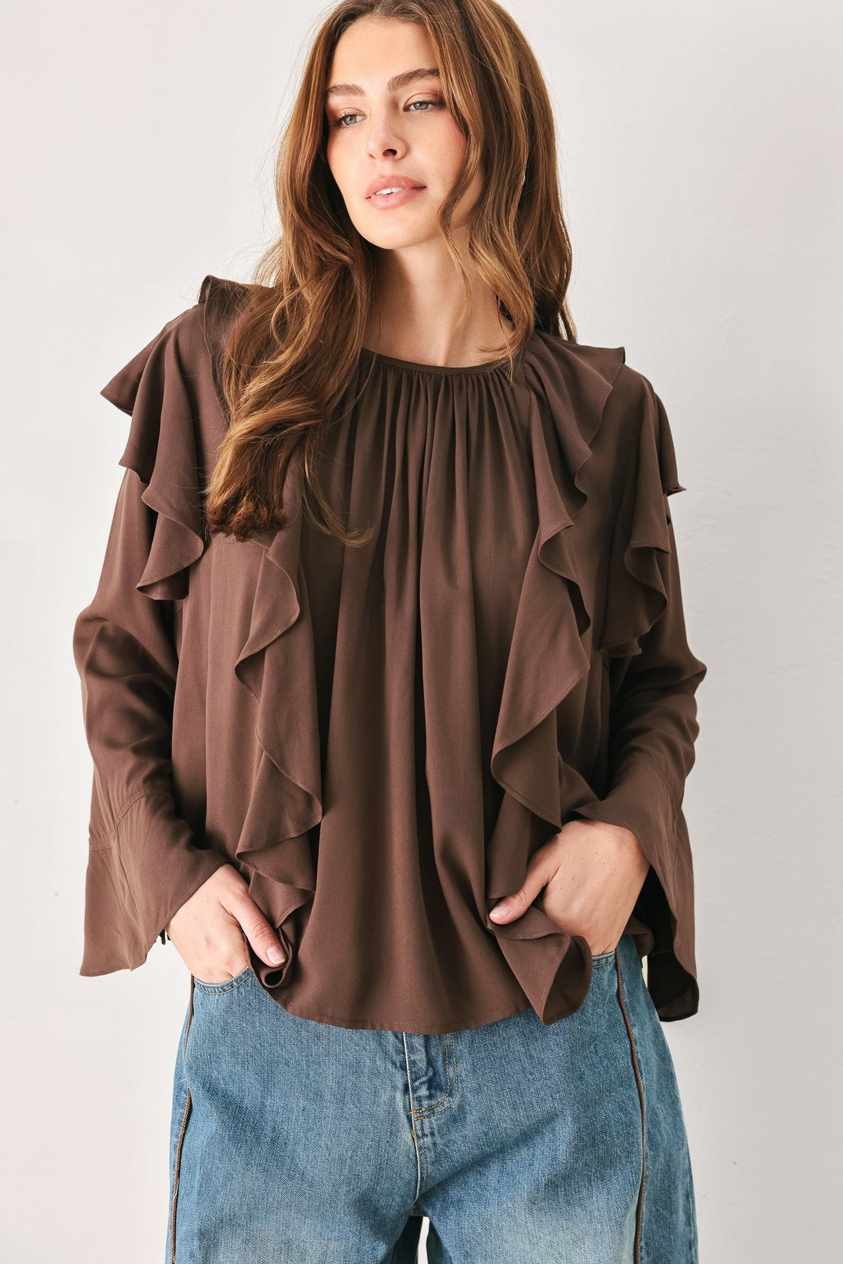 COCOA CASCADE BROWN TIERED-RUFFLE BLOUSE