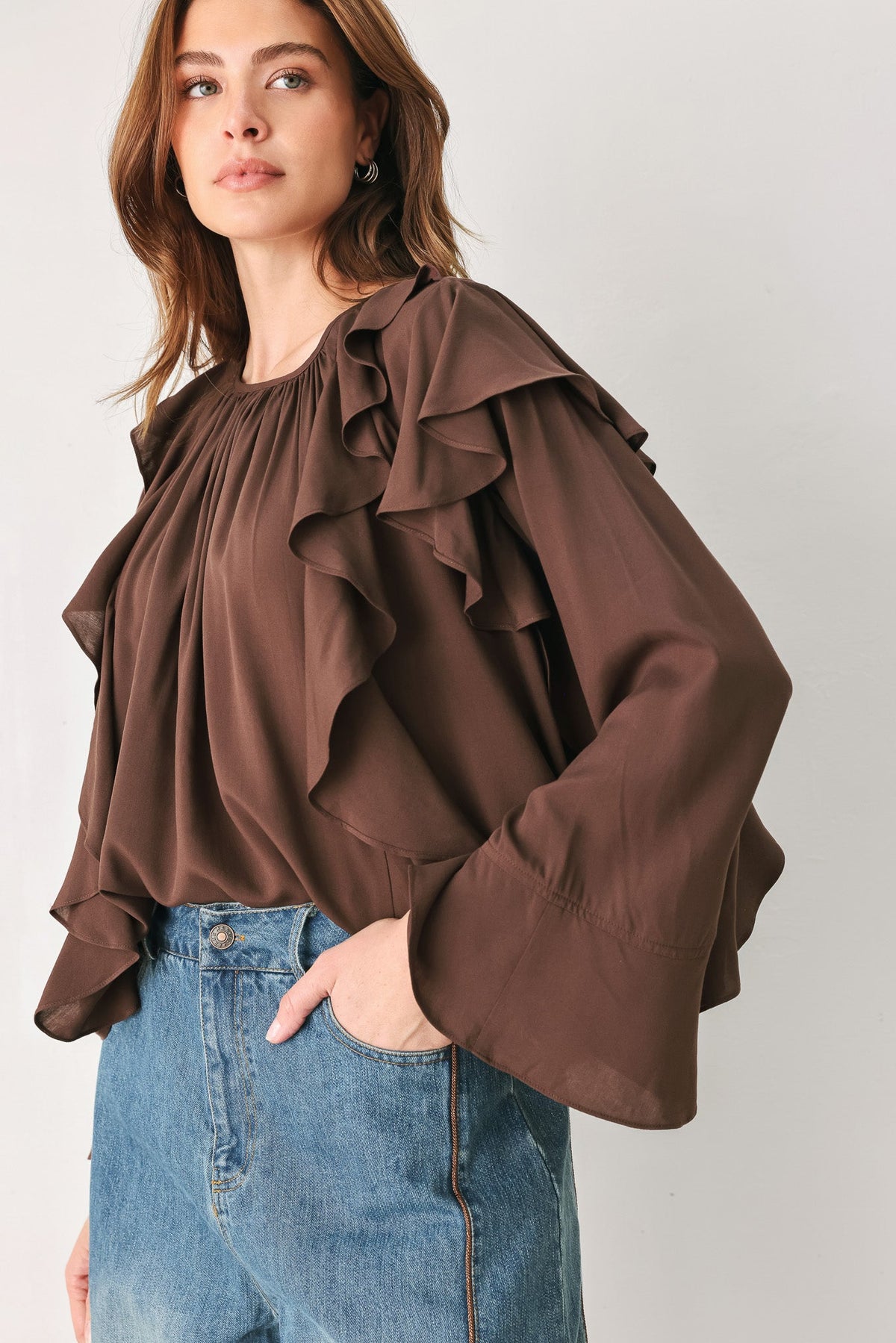 COCOA CASCADE BROWN TIERED-RUFFLE BLOUSE