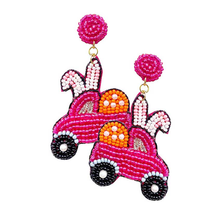 Felt Back Seed Beaded Easter Bunny Car Dangle Earrings