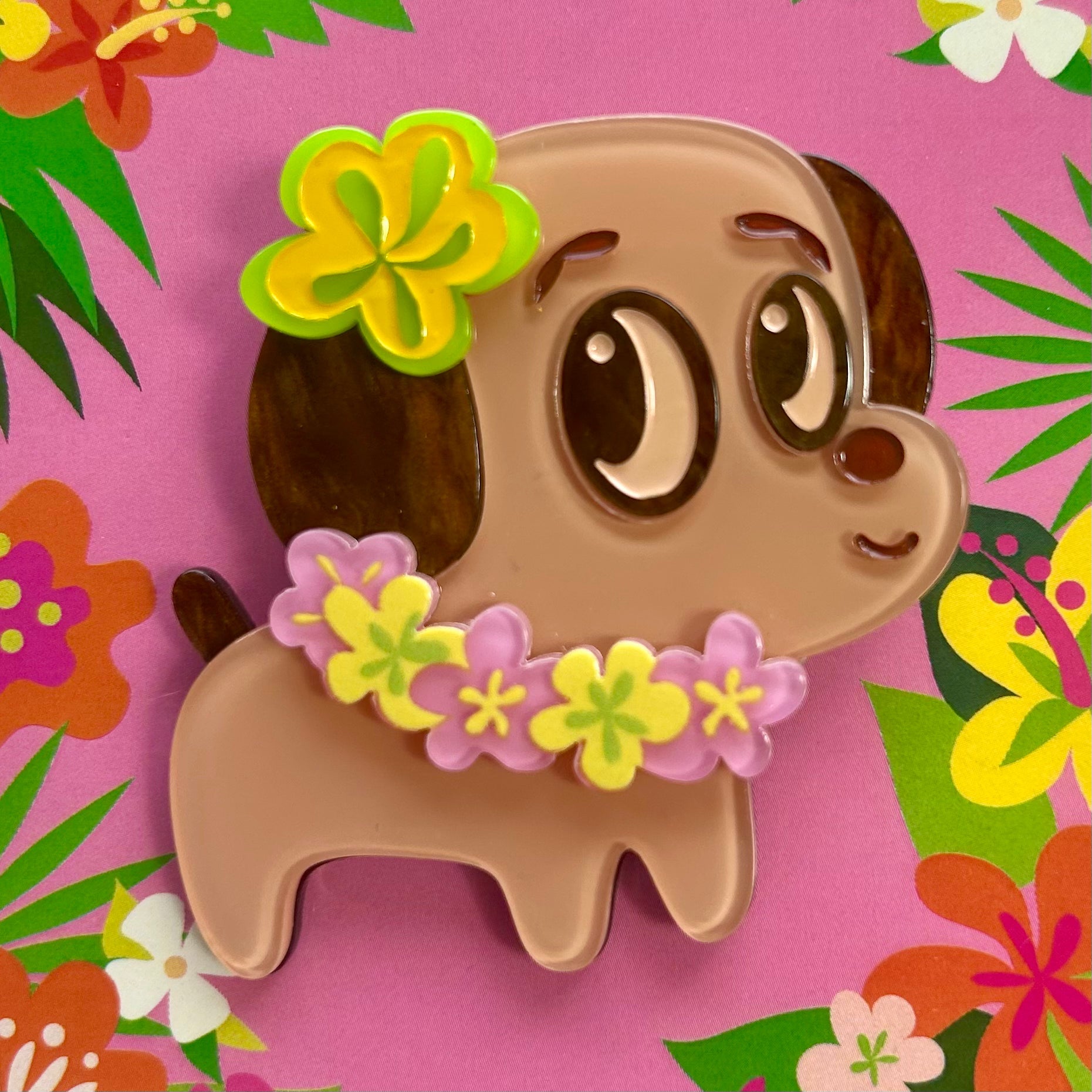 Polynesian Pup Mini Brooch by Miss Fluff x Lipstick & Chrome — Tiki Dog Pin
