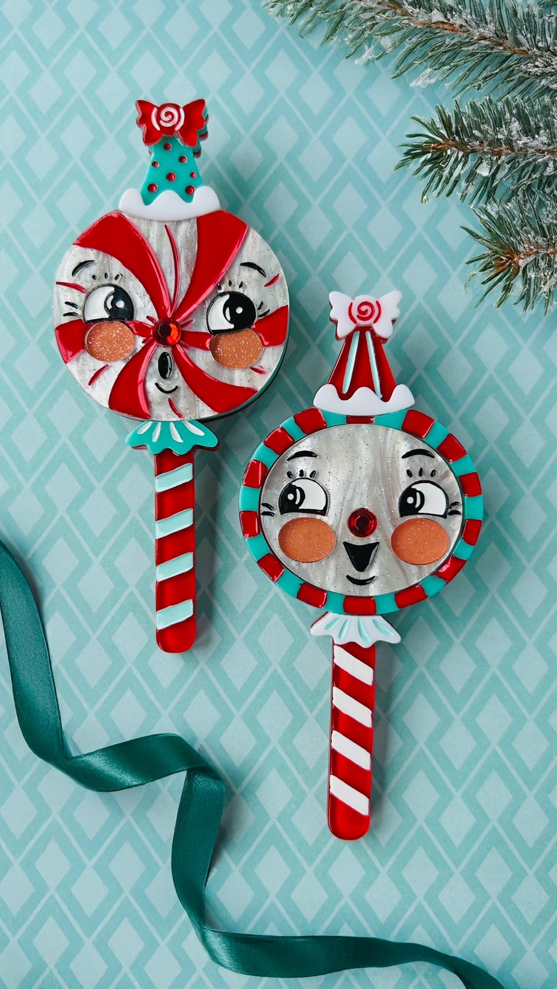 Merrymints Brooch Set by Johanna Parker x Lipstick & Chrome — Folk Art Christmas Candy Brooch Duo