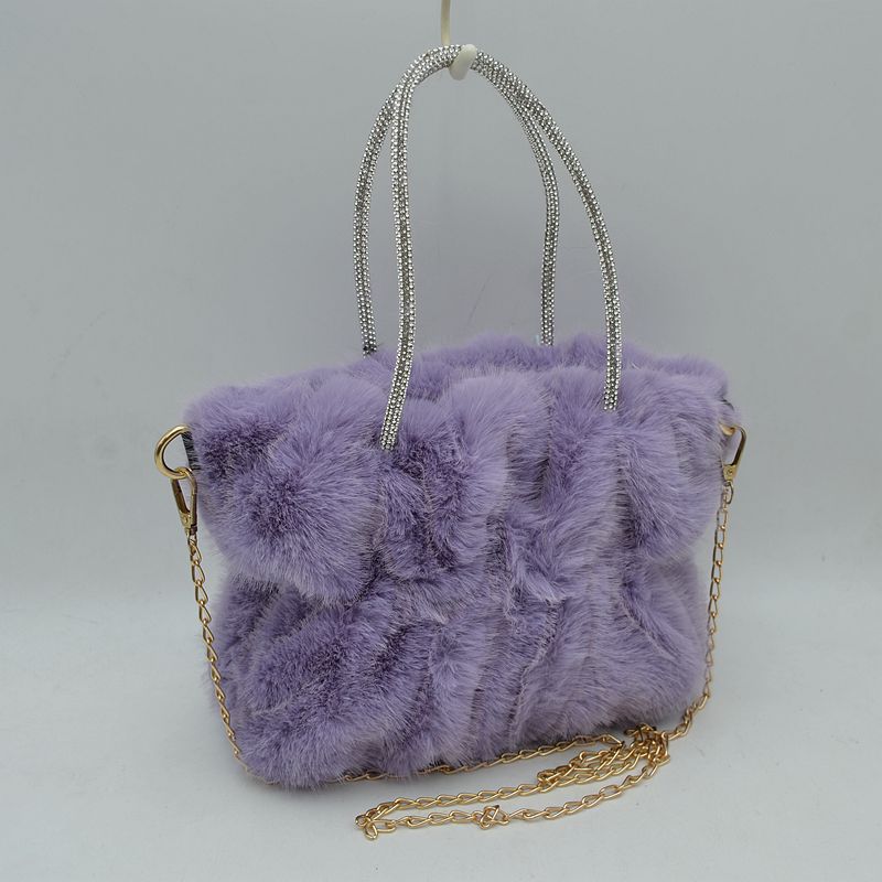 Plush Faux Fur Handbag with Rhinestone Handles and Chain Strap