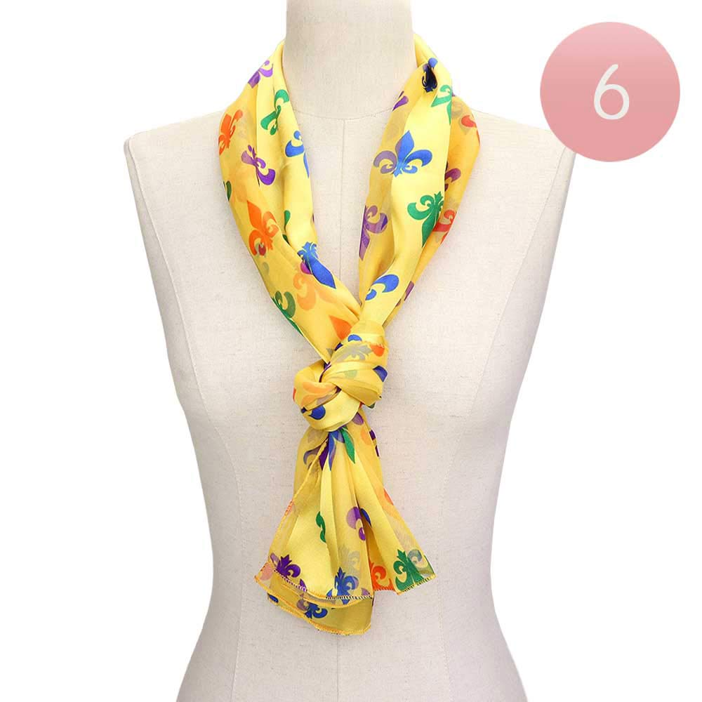6PCS - Silk Feel Satin Mardi Gras Fleur de Lis Patterned Scarf