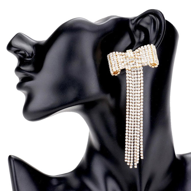 Bow Accented Rhinestone Long Drop Evening Earrings