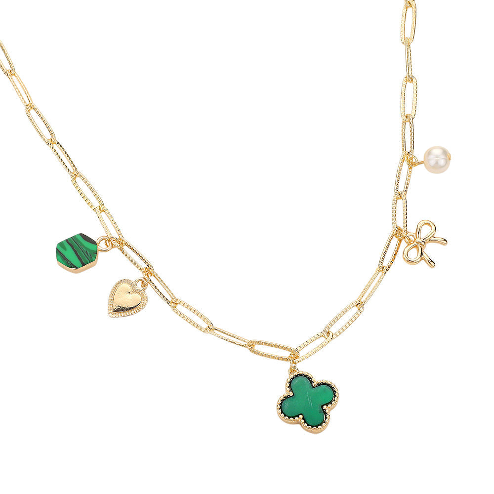 Quatrefoil Bow Heart Pearl Charm Station Paperclip Chain Necklace