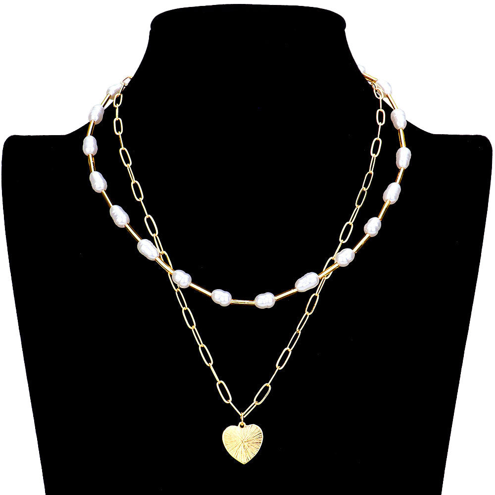 Metal Heart Pendant Freshwater Pearl Double Layered Necklace