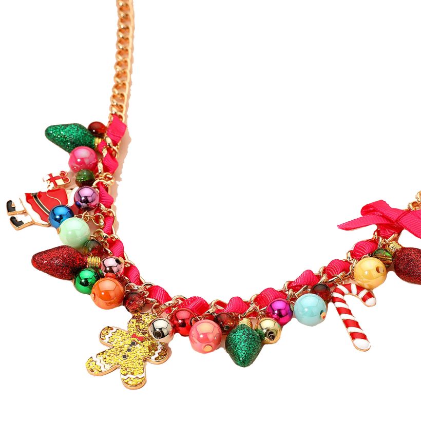 Holiday Santa Gingerbread Man Candy Cane Pearl Bow Charm Beaded Necklace