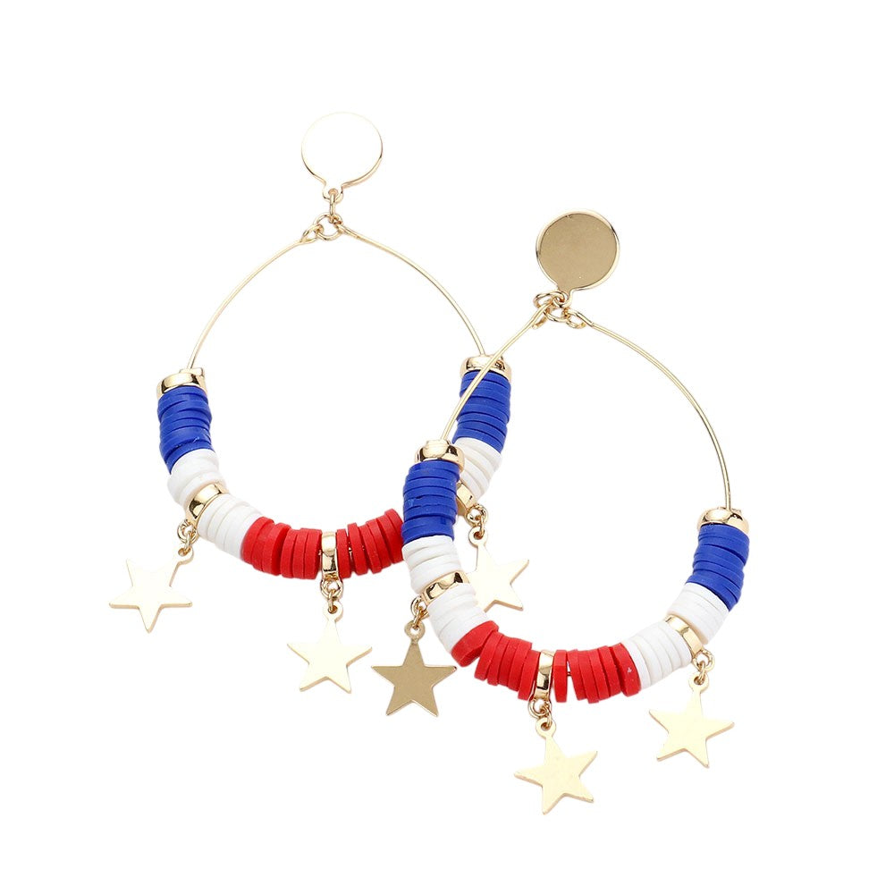 Star Accented Heishi Open Metal Teardrop Dangle Earrings