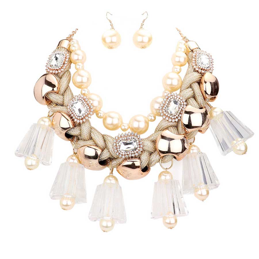 Pearl Chunky Lucite Cord Braided Statement Necklace